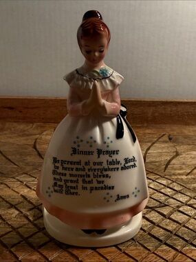 Vintage Praying Girl Ceramic Figurine in White and Pink Dinner prayer cracked